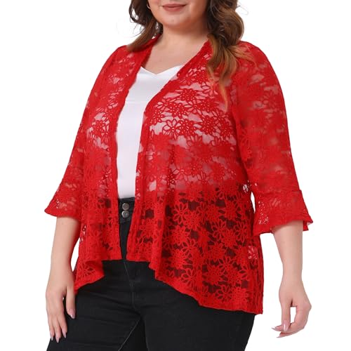 Image of Agnes Orinda Women Plus Size Open Front Lace Cardigans | 3 /4 Bell Sleeve Sheer Formal Bolero Shrugs Lightweight Floral Crochet Cover Up