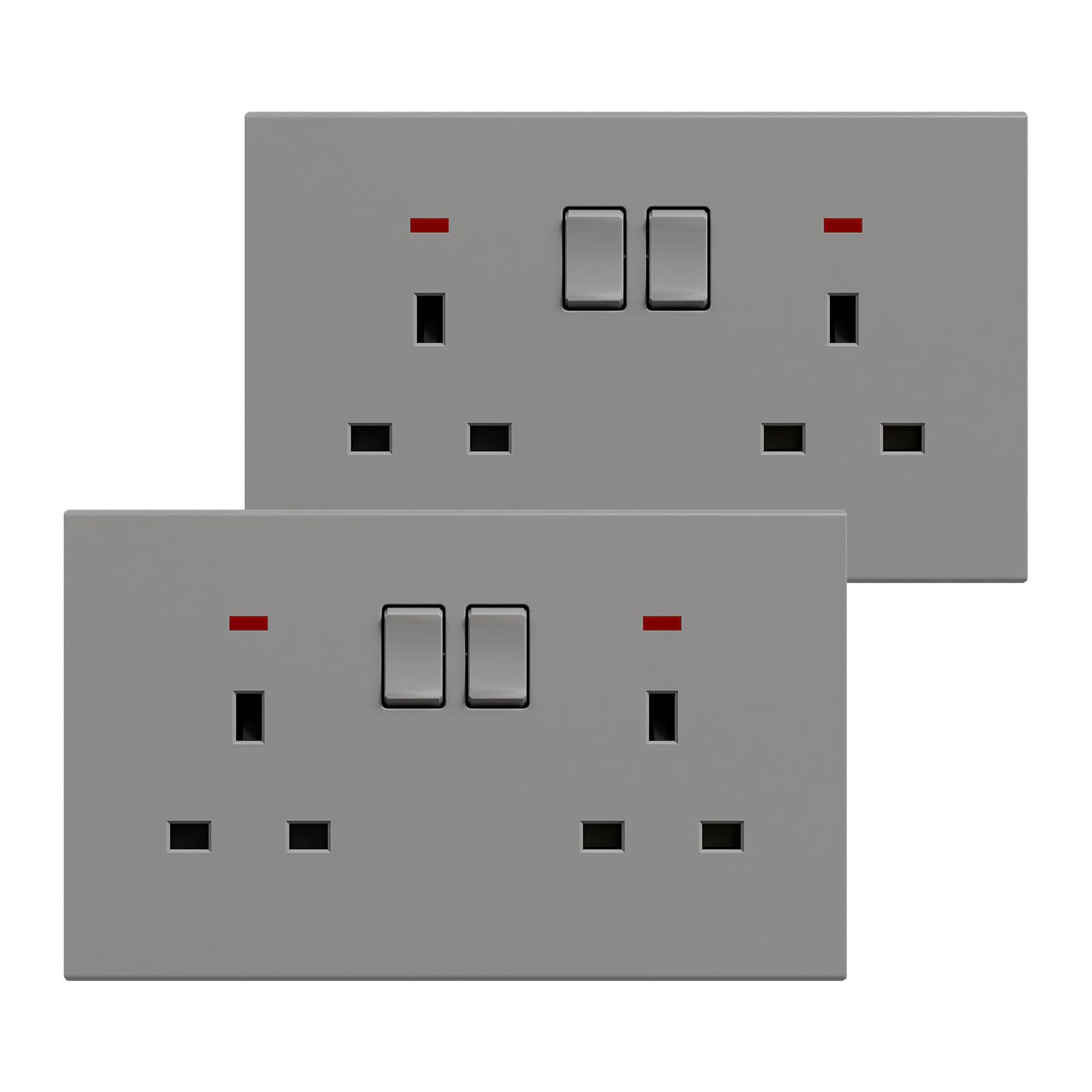 BSEED Double Socket 2 Pack, Electrical Double Switched Power Plug Wall Socket with LED Indicator, PC Wall Plate Outlet, Grey, 13A