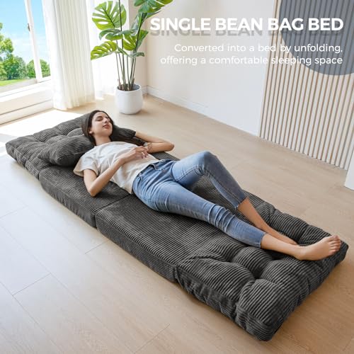 Image of MAXYOYO Folding Sofa Bed, Tufted Bean Bag Bed with Pillows Floor Couch for Adults, Extra Thick and Long Floor Sofa, Single Couch for Bedroom Living Room, Dark Grey, 30x91 Inch