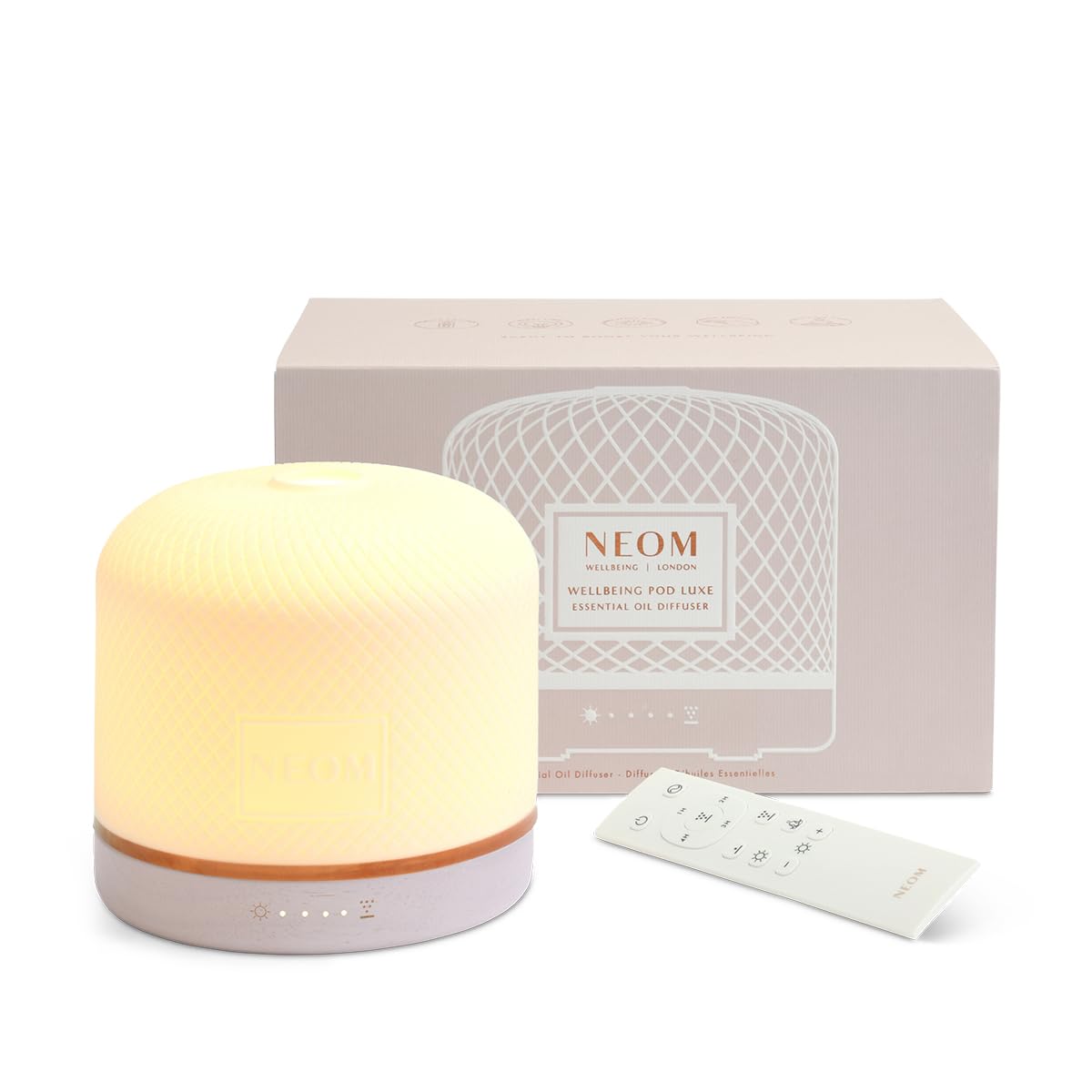 NEOM – Wellbeing Pod Luxe | Difusor de aceite esencial ultrasónico premium | Cubierta de cerámica, control remoto, luz LED y temporizador | Difusor de aromaterapia | Fragancia casera..