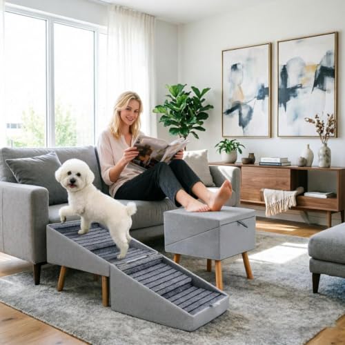 Rampa de seguridad canina con escalones plegables de madera para sofás y puerta lateral de coche 4