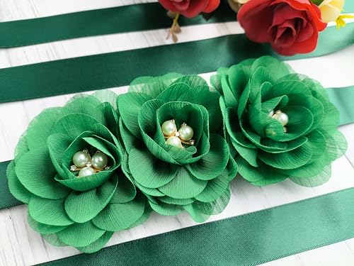 Green Sash Belt for Girls,Flower Girl Sash Belt for Dresses,Chiffon Pearls Bridesmaid Dress Sash Belts Hunter Green3