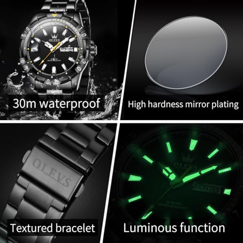 Image of OLEVS Mens Watch Chain Luxury Dress Black Stainless Steel Analog Quartz Waterproof Wrist Watch for Men Date