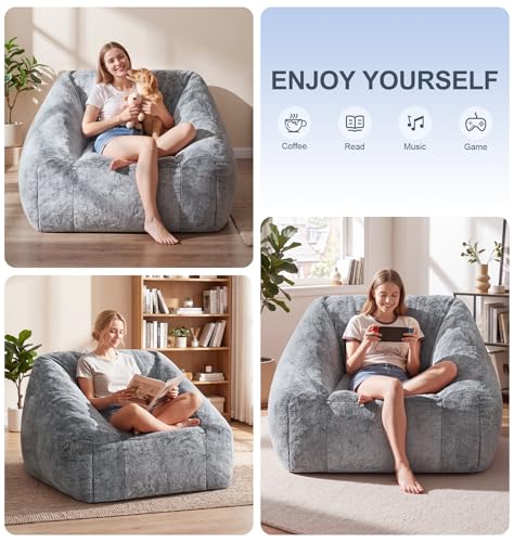 Image of Hobestluk Bean Bag Chair Plush Accent Chair Armrest Living Room Adult Grey