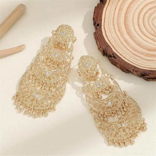 Extra Big Long Tassel Dangling Earring for Women Wedding Statement Crystal Stunning Tiny Flower Beaded Chandelier Gold Plated Earrings Indian Boho Traditional Bride Party Wear Festival Holiday Jewelry Gift4