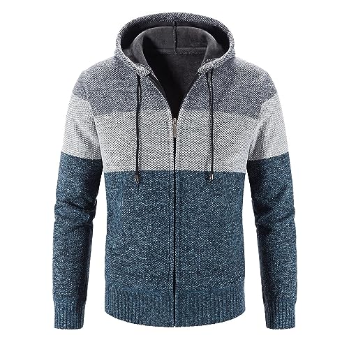 Mens Casual Zip Up Hooded Cable Knit Cardigan Sweater Long Sleeve Colorblock Velour Sherpa Fleece Lined with Pocket2