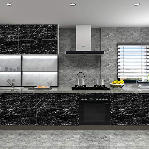 Image of Caltero Black Marble Wallpaper 17.7 inch x 78.7 inch Black Marble Contact Paper Peel and Stick Wallpaper Self Adhesive Removable Waterproof Marble Wallpaper PVC for Kitchen Countertop Table Shelf Drawer