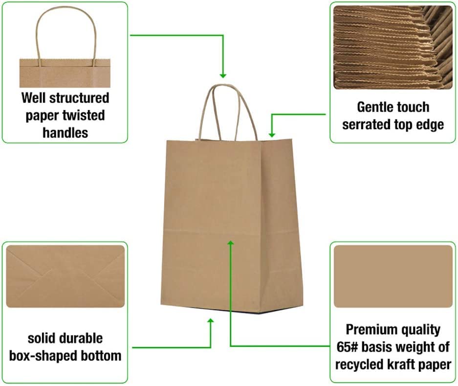 Image of Aakriti Craft Paper Bags, Rakhi Gift Bags with Handles, Small Craft Shopping Bags in Bulk for Boutiques, Small Business, Retail Stores, Gifts & Merchandise (BROWN-100PCS, LARGE-12.5 inch x 6 inch x 16.5 inch)
