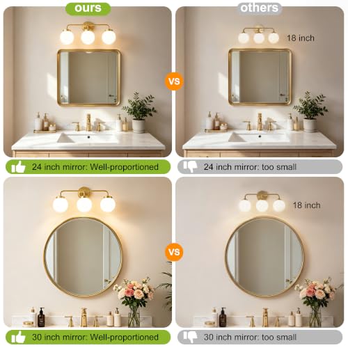 Image of Bathroom Light Fixtures 22.4in 3-Light Brushed Gold Vanity Light for Mirror | Bathroom Lighting Fixtures over Mirror, ETL, Brushed Brass Wall Sconce, Dimmable E12 Base Max 60W, Milky Glass Ball Shades