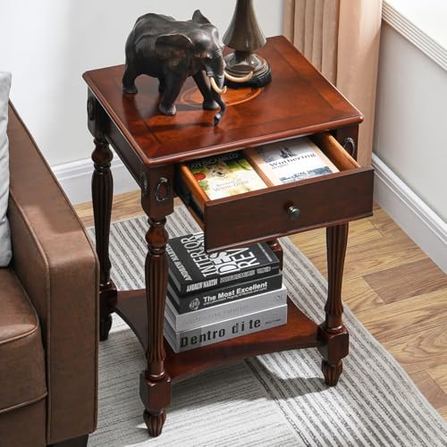 MODERION Solid Wood Side Table with Drawer and Storage Shelf, Tra...