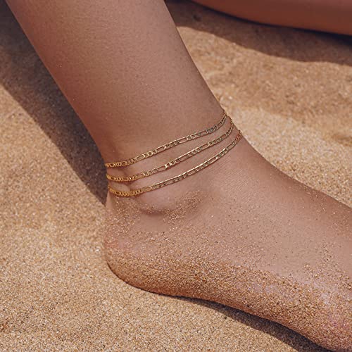 18K Gold Ankle Bracelets For Women, Gold Plated Beach Foot Chain Anklets Gold Chain Anklet For Women (Figaro) #TOP3