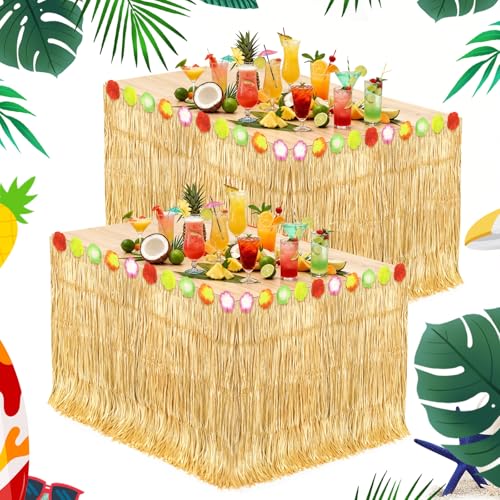 2 Pack Hawaiian Grass Table Skirt 108" x 29.5", Laua Party Decorations Grass Skirt for Table with Flowers, Hawaiian Party Decor for Luau Birthday Beach Tropical Summer Party Supplies