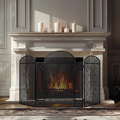 Image of Hogardeck Fireplace Screen, 48 inch x 30 inch Decorative Fireplace Cover, 3 Panel Wrought Iron Fire Place Gate for Living Room, Baby Proof, Brick Fireplace, Pet Safety
