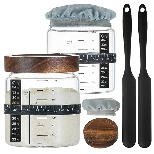 Comparison: Best Sourdough Starter Container 6 Wissy&Konny Sourdough Starter Jar 2Pack 35OZ with Ounce Scale Line,Date Marked Feeding Band, Thermometer, Sourdough Jar Scraper, Cloth Cover & Wood Lid, Wide Mouth for Sourdough Bread Baking