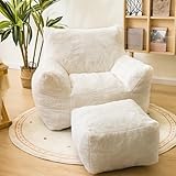 Cvortll Bean Bag Chair with Ottoman, Armrest Bean Bag Chairs with Filler, Ultra Soft Fluffy Faux Fur Bean Bag Chair with Foot Rest, Plush Lazy Sofa with Foot Stool for Living Room, Dorm