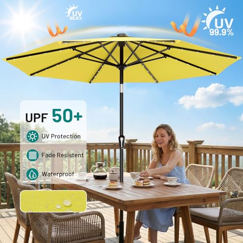 Image of AreShark 9FT Patio Umbrella with Solar Lights, 32 Lighted Pool Umbrella w /Tilt and Crank, Outdoor Market Solar Umbrellas for Garden, Deck, Backyard, Pool and Beach, Yellow