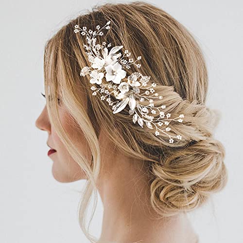 Bridal Hair Comb, Wekin Wedding Hair Comb Wedding Hair Accessories for Brides, Handmade Floral Hair Piece for Wedding(Silver 5.9\")