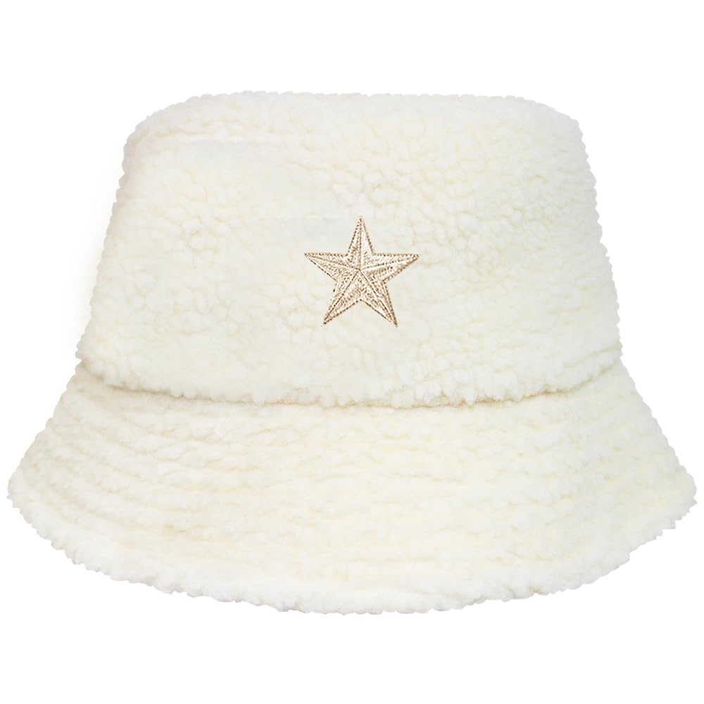 Teddyt's Women's Cream Sherpa Faux Sheepskin Fleece Star Bucket Hat (Cream)