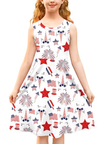 BesserBay Girl's Fourth of July American Flag Dress Stars Stripes Swing Midi Tank Dress 4-14 Years
