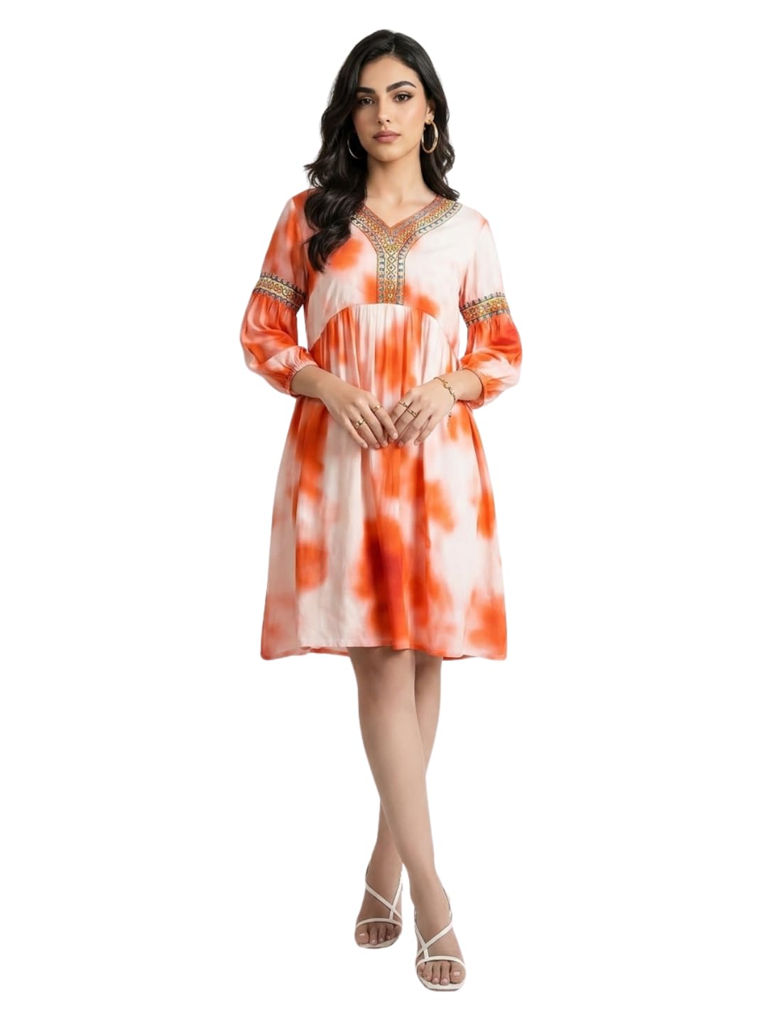 Women's Orange Tie-Dye Embroidered Fit & Flare Dress | V-Neck 3/4 Elasticated Sleeve Midi Dress with Pockets | Vacation & Beachwear Dress for Casual & Resort Wear-image-38