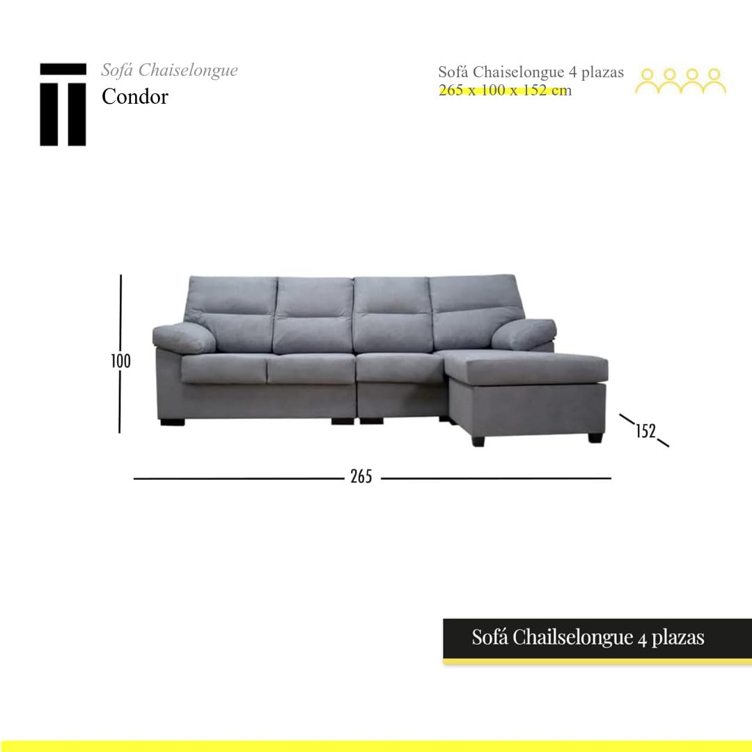 SHIITO | Sofá Cóndor de 4 Plazas con Chaiselongue - Máximo Confort y Relax | Diseño Elegante y Compacto | Fabricado en Madera de Pino y Tablero Aglomerado, Color Gris, 265cm de Ancho