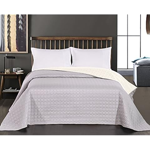 DecoKing King 240x260 cm Reversible Bedspread Quilted Circles Pinsonic Easy Care Lightweight Microfibre Off-White Cream Silver Grey Cover