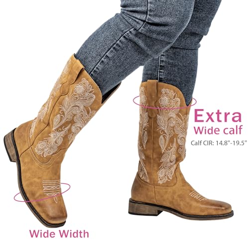 SheSole Women's Extra Wide Calf Cowboy Boots – Square Toe with Hidden Stretch Panel, Cushioned Latex Footbed & Comfort for Wider Calves2