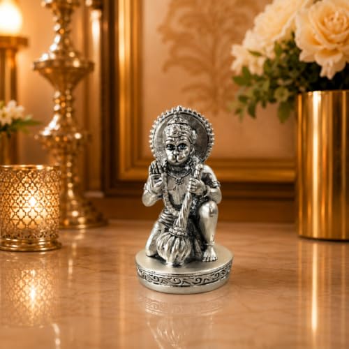 Image of Gold Art India Hanuman Idol 999 Silver Plated | 2.8 Inch Antique Matte Bajrangbali Murti with Velvet Gift Box for Home Temple, Office Desk & Car Dashboard