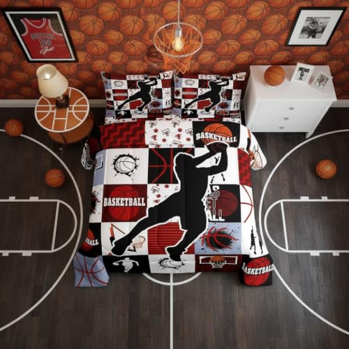 Basketball Bedding Set King Size,Red Black Sports Comforter Set with 2 Pillowcases,Ball Games Geometric Patchwork Bed Quilt,Retro Sport Games Style Quilt Sets Home Decor,Women Men Birthday Gift