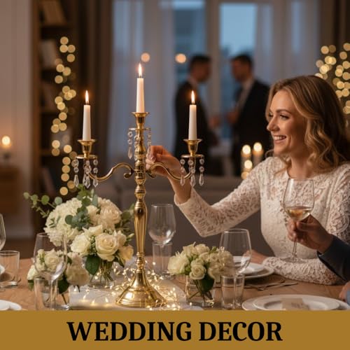 Image of Premium 24 Inch Golden Aluminum 3-Arm Candle Stand with Crystal Hangings | Luxury Centerpiece for Home Decor, Weddings, Festive Decoration & Dining Table