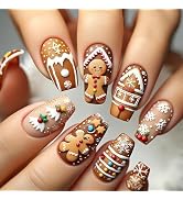 Mkwntg Christmas Press on Nails Medium Square Fake Nails with Gingerbread Man Design Xmas Cute Sn...