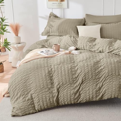 Image of HYMOKEGE Linen King Size Comforter Set Seersucker 7 Pieces, All Season Luxury Bed in a Bag for Bedroom, Bedding Set with Comforter, Sheets, Pillowcases & Shams