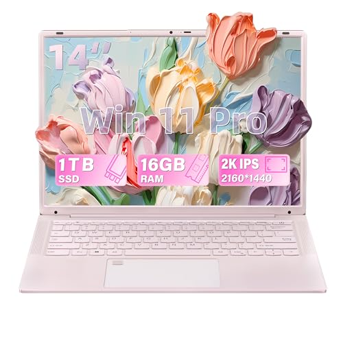 Image of 14 inch Pink Thin and Light Laptop,2K IPS Display(2160 * 1440), Celeron N150 Processor (up to 3.6GHz), 1TB SSD 16GB RAM, Fingerprint, Backlit Keyboard, 6000mAh Battery, USB-C, WiFi 5, Win 11 Pro