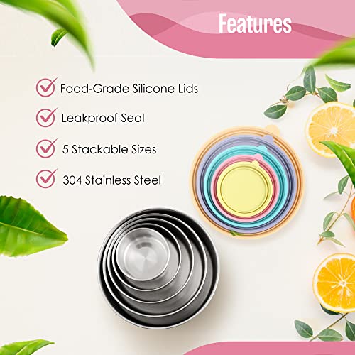 Stainless Steel Containers With Lids, Metal Food Storage Container, Snack Bowls, 5 Pack, Silicone Lid, Nesting, Stackable, Round, Lunch Meal Prep, Salad Bowl, Bento Box For Kids, Toddlers, Houseables #TOP2