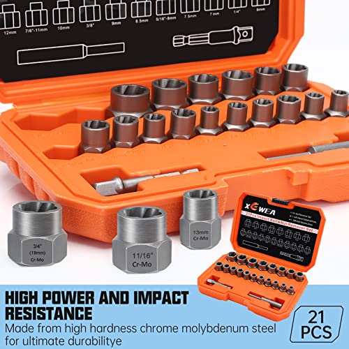Image of XEWEA 21PCS Bolt Nut Extractor Set, 3 /8 inch Drive Easy Out Broken Lug Nut Extraction Remover Socket Set for Damaged, Frozen,Studs,Rusted, Rounded-Off Bolts & Nuts Screws