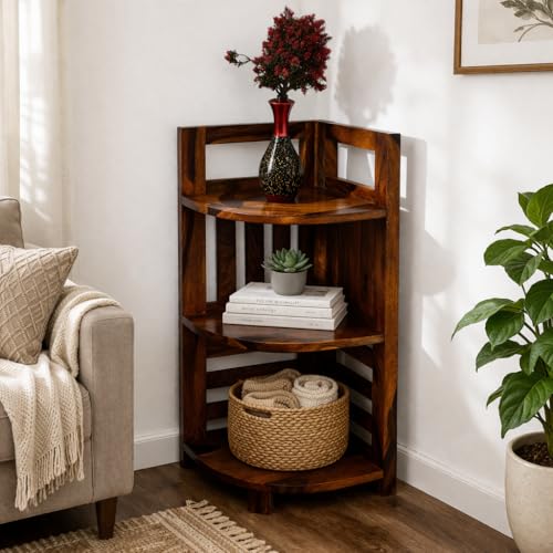 Image of Corner Display Shelf Storage | Wooden Storage Rack & Display Organizer | Solid Sheesham Wood Open Shelf for Living Room, Bedroom, Home & Office