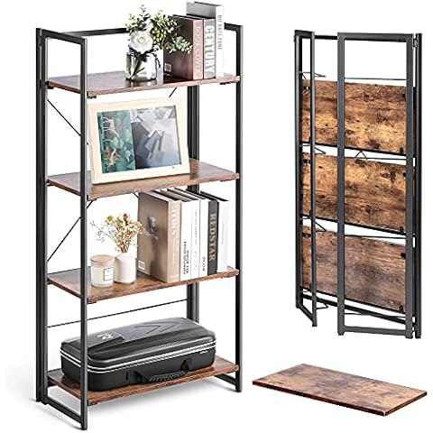 ALVOROG 4 Tier Folding Bookshelf No Assembly Bookcase Rustic Wood and Metal Frame Book Shelves, Industrial Accent Furniture, Storage Shelves for Living Room, Office, Bedroom and Kitchen Cover