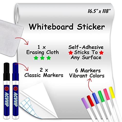 Large Whiteboard Sticker, ACVVIP Self-Adhesive Whiteboard Wall Sticker - 16.5" x 118"(42x300cm) - 8 Colors Markers & 1 Eraser Cloth - Dry Erase Board Sticker for Classroom, Home, O image 4