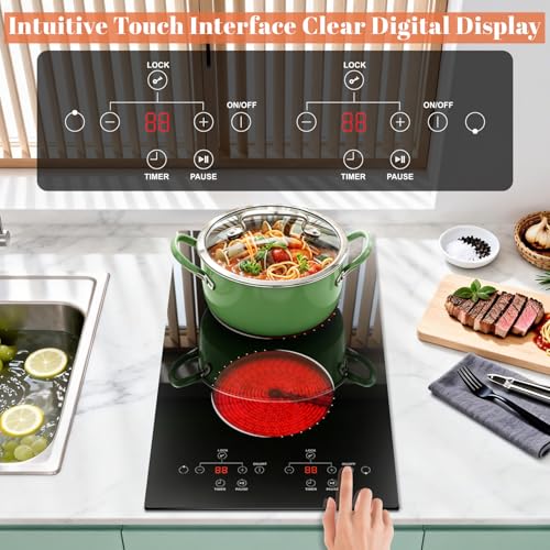 Image of 2 Burner Electric Cooktop Hobsir, 110v Plug In Electric Stove Top Burner, 2000W 12 Inch Two Burners Radiant Electrical Stove, Countertop and Built-in Ceramic Cooktop with Child Safety Lock, Black