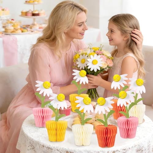 Image of 8Pcs Daisy Honeycomb Centerpieces Table Decorations 7 inch Flower Table Decor | Daisy honeycomb centerpieces set, 4 pastel colors, 3D floral daisy centerpiece for baby showers, birthdays, and spring party