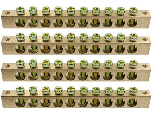 Lby 4Pcs 4.21" X .31" X .47" Copper Ground Bar, 10 Holes Distribution Cabinet Wire Screw Terminal Ground Copper Bar, With Screws, Brass, Golden-Yellow #TOP3