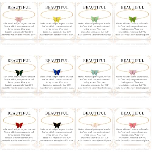 Tondiamo 12 Sets Dainty Butterfly Bracelets for Women Colorful Butterfly Party Favor Adjustable Bohemian Butterflies Bracelet with Inspirational Cards Valentine's Day Gifts