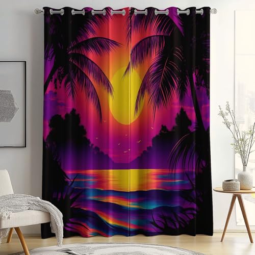 Cortinas con Ojales Atardecer Tropical, Cortinas Opacas para decoración del hogar con Aislamiento térmico Cielo Colorido Olas, Cortinas para Dormitorio y Sala de Estar 70 x 160 cm (2 Paneles)