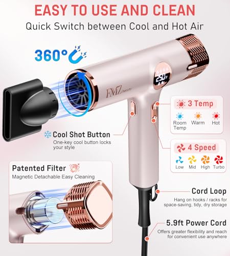 FMZ Professional Ionic Hair Blow Dryer with Smart Display, 1875W High Speed Brushless Motor for Fast Drying, Small Portable Light weight Low Noise, Curly Diffuser Blowdryer for Women Kids Salon Travel - Image 4