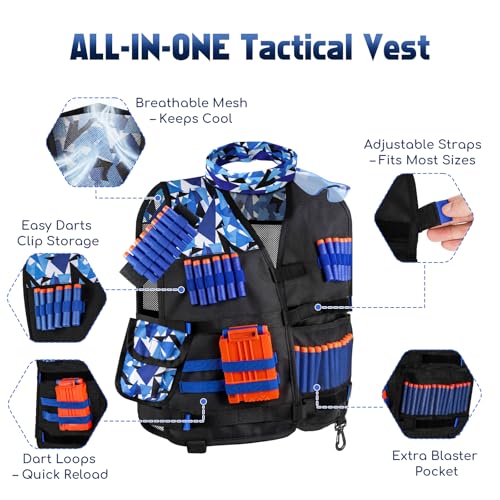 Image of Lehoo Castle Kids Tactical Vest Kit for Nerf Guns N-Strike Elite Series for Boys Girls, with 30 Refill Darts, Dart Pouch, Tactical Mask, Reload Clips, Wrist Band and Protective Glasses (Blue)