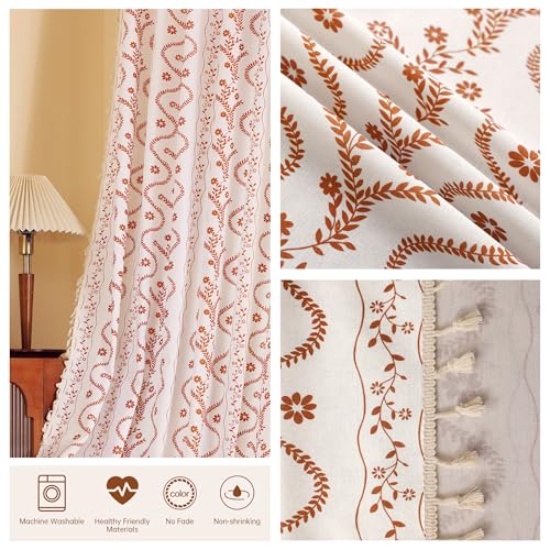 Image of Boho Farmhouse Curtains for Living Room 2 Panels, Floral Fall Curtains 54 Inches Long,Privacy Country Vine Pattern Bedroom Curtain,Let Light in Window Drapes Beige