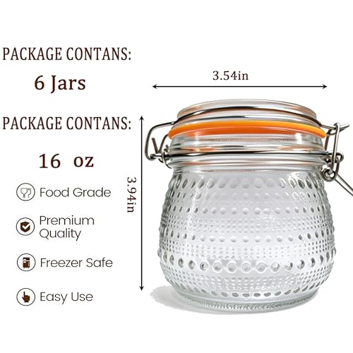 Image of WACOI 16 Oz Glass Storage Jars with Airtight Lids 6 Pack, Wide Mouth Canning Jars with Clip Top Lids for Kitchen Storage Pickling Salad Jams Coffee Beans