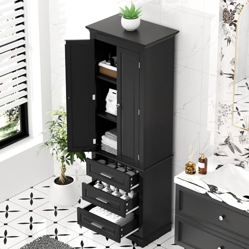 Image of Merax 70 inch Pantry Cabinet with Two Doors & Three Drawer, Adjustable Shelves Storage Cupboard for Kitchen /Dining Room /Bathroom, Black