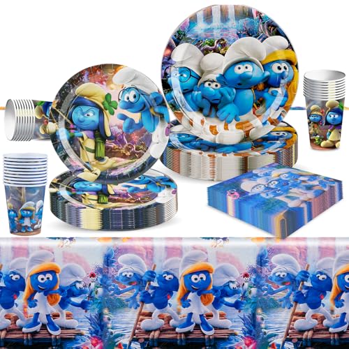 Smurfs - Lot de 51 pièces de vaisselle de fête - Schtroumpfs - Décoration d'anniversaire d'enfant - Avec assiettes en carton, tasse, nappe, serviettes, Schtroumpfs - Décoration de fête pour 10 invités