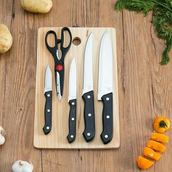 GUANCI Stainless Steel Kitchen 5-Pcs Knife Set with Wooden Chopping Board & Scissor Vegetable & Meat Cutting (Set of 5 + 1 Wooden Chopping Board) (B)